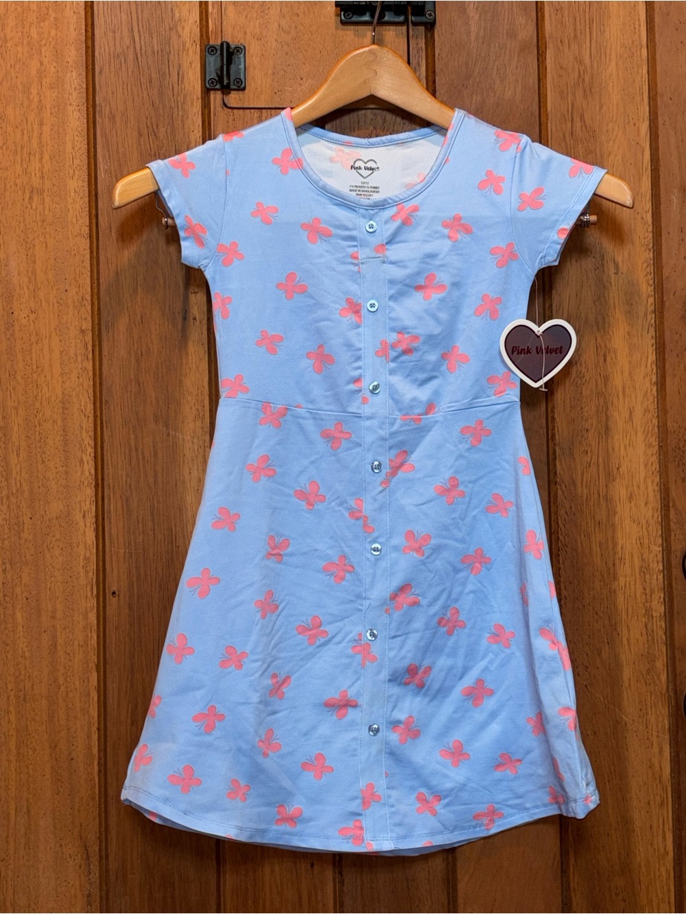 Pink &  Light Blue Faux Button-Front Girls Dress with Pink Flower Print
